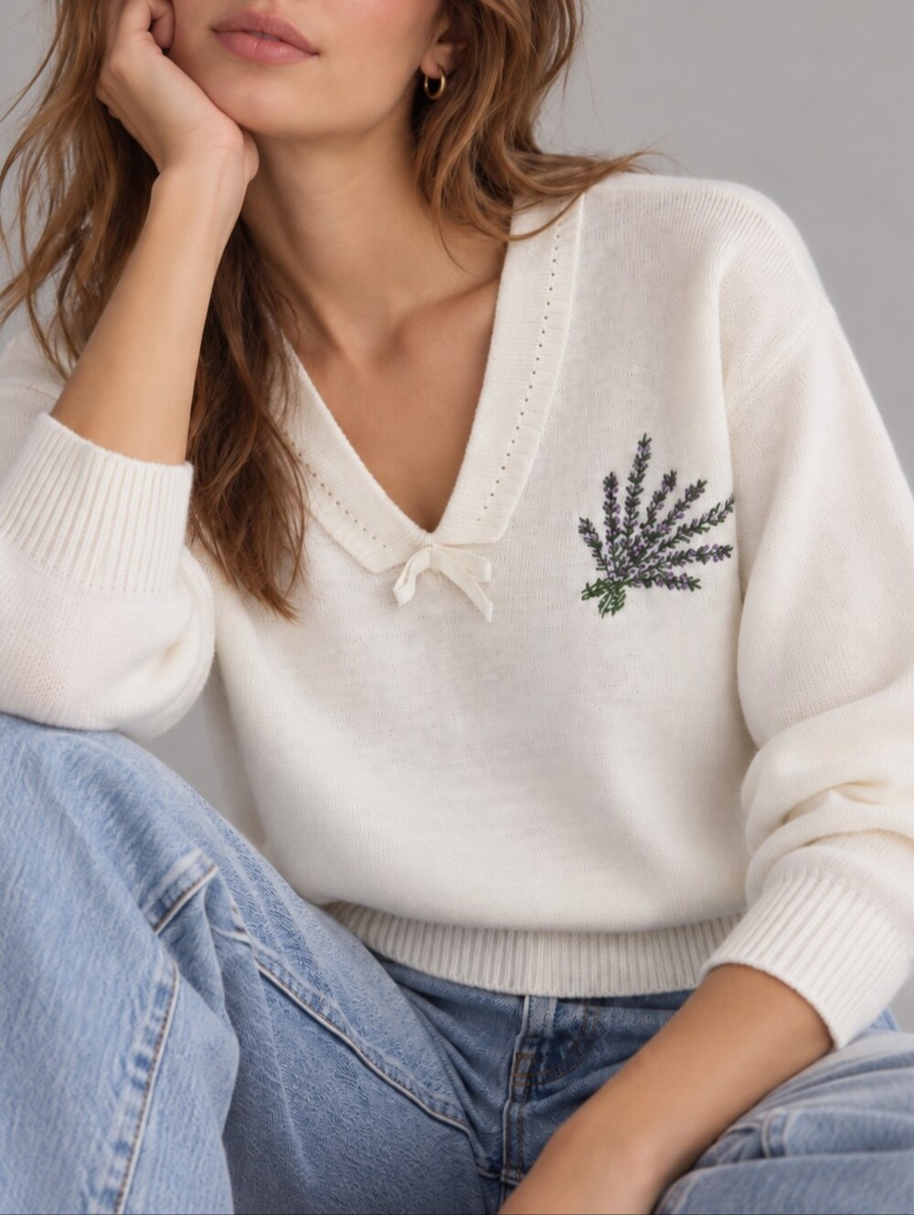 Vintage Balmoral Scotland Cream Floral Embroidered Collar Sweater Womens Med.